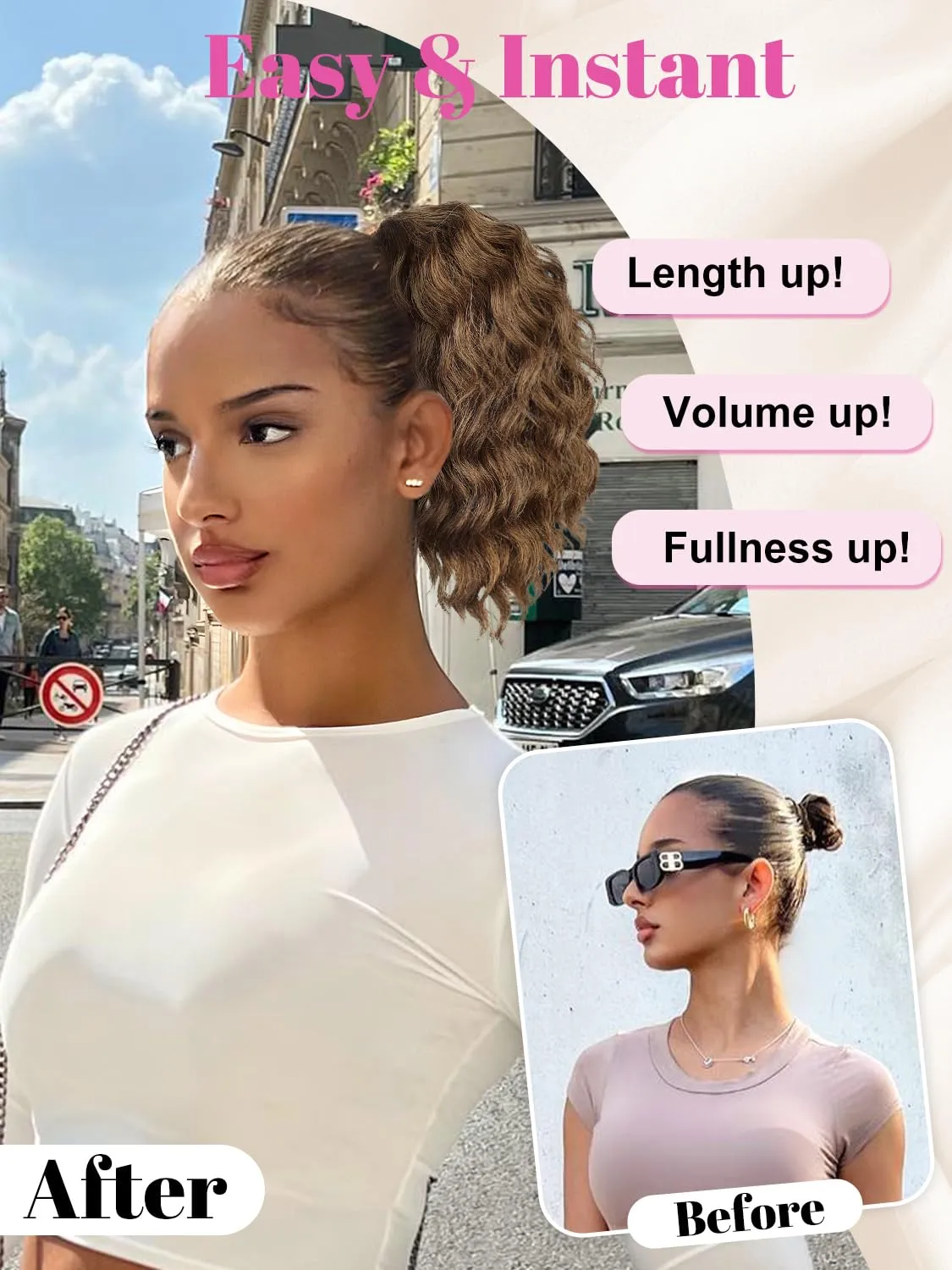 ALXNAN Wavy Curly Ponytail Extension, 8" Mix Brown & Blonde Drawstring Ponytail for Black Women Short Soft Natural Synthetic Hairpiece Thick For Daily Use