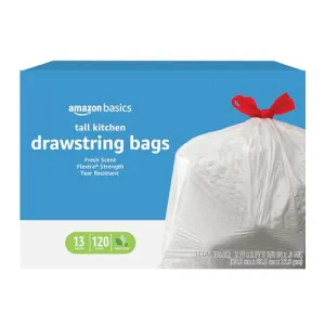 Amazon Basics Flextra Tall Kitchen Drawstring Trash Bags, Fresh Scent, 13 Gallon, 120 Count.