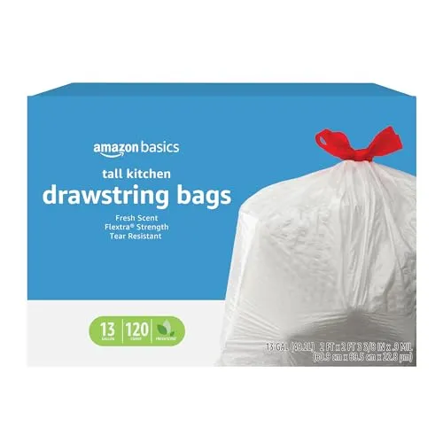 Amazon Basics Flextra Tall Kitchen Drawstring Trash Bags, Fresh Scent, 13 Gallon, 120 Count.
