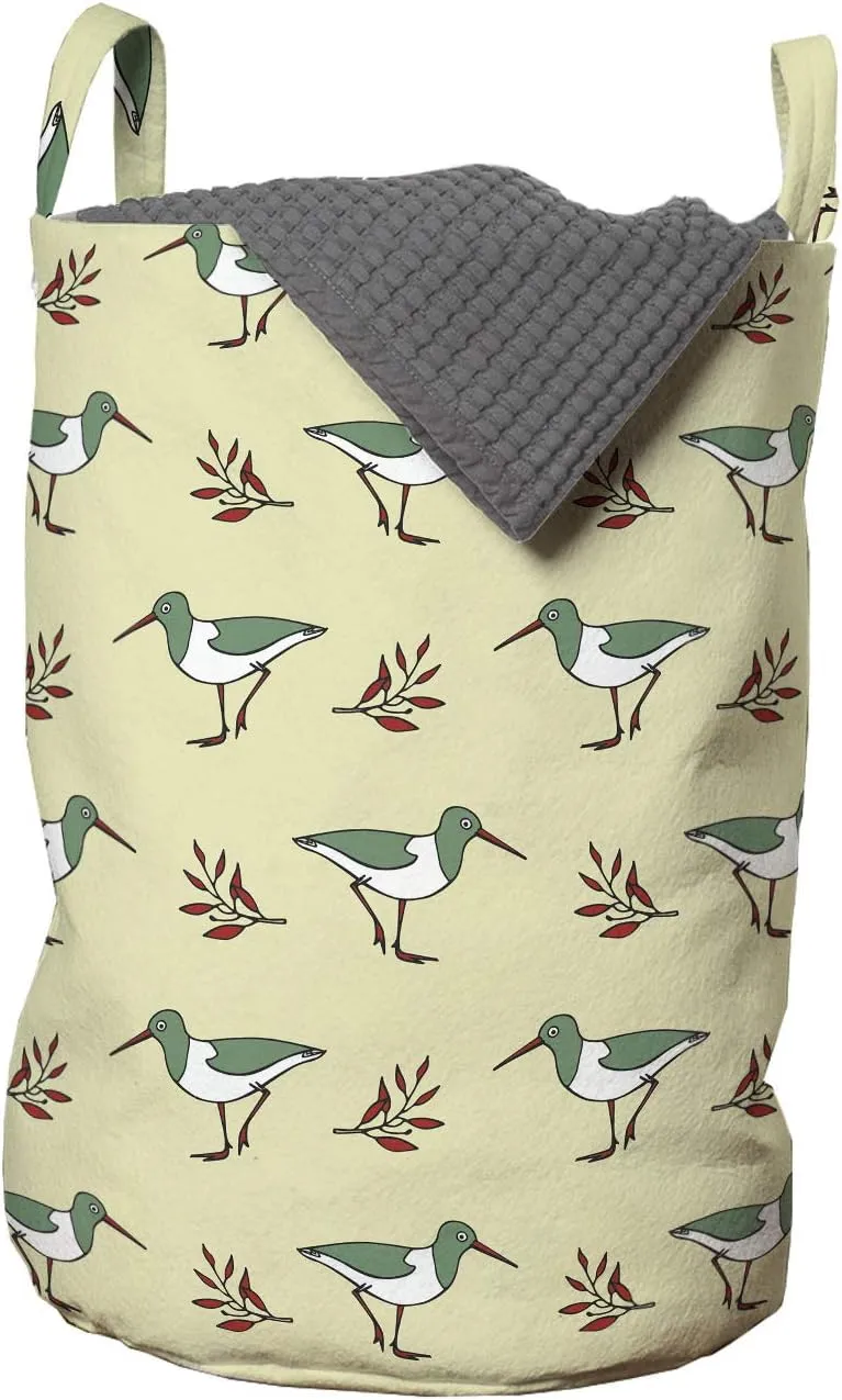 Ambesonne Bird Laundry Bag, Pastel Shorebird Flying Animals with Branches Leaves Childish Design Repetition, Hamper Basket with Handles Drawstring Closure for Laundromats, 13" x 19", Pale Green Red