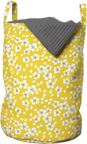 Ambesonne Cherry Blossom Laundry Bag, Naive Spring Floral Design of Cherry Flowers and Floating Petals, Hamper Basket with Handles Drawstring Closure for Laundromats, 13" x 19", Yellow White Black
