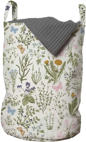 Ambesonne Floral Laundry Bag, A Vintage Garden and Plants Herbs Flowers Botanical Classic Design, Hamper Basket with Handles Drawstring Closure Organizer for Laundromats, 13" x 19", Reseda Green Beige