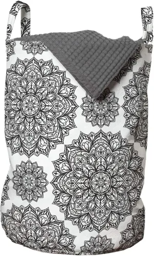 Ambesonne Mandala Laundry Bag, Symmetrical Oriental Mandala Pattern Lace Like Ornamental Design, Hamper Basket with Handles Drawstring Closure for Laundromats, 13" x 19", Black and White