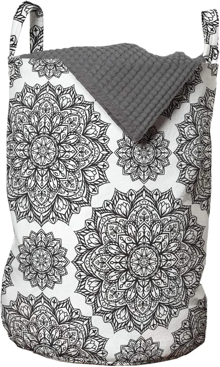 Ambesonne Mandala Laundry Bag, Symmetrical Oriental Mandala Pattern Lace Like Ornamental Design, Hamper Basket with Handles Drawstring Closure for Laundromats, 13" x 19", Black and White