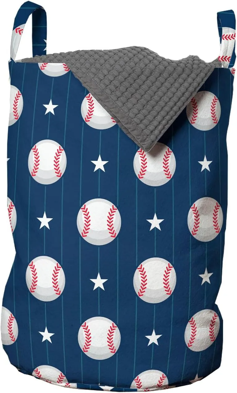 Ambesonne Sports Laundry Bag Pack of 2, Baseball Patterns on Vertical Striped Background Stars Design, Hamper Basket with Handles Drawstring Closure, 13" x 19", Blue Red