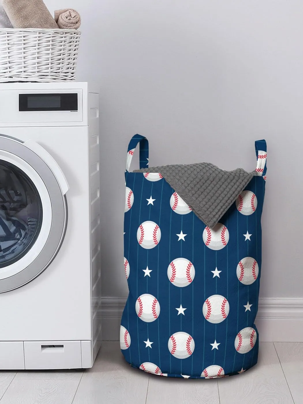 Ambesonne Sports Laundry Bag Pack of 2, Baseball Patterns on Vertical Striped Background Stars Design, Hamper Basket with Handles Drawstring Closure, 13" x 19", Blue Red