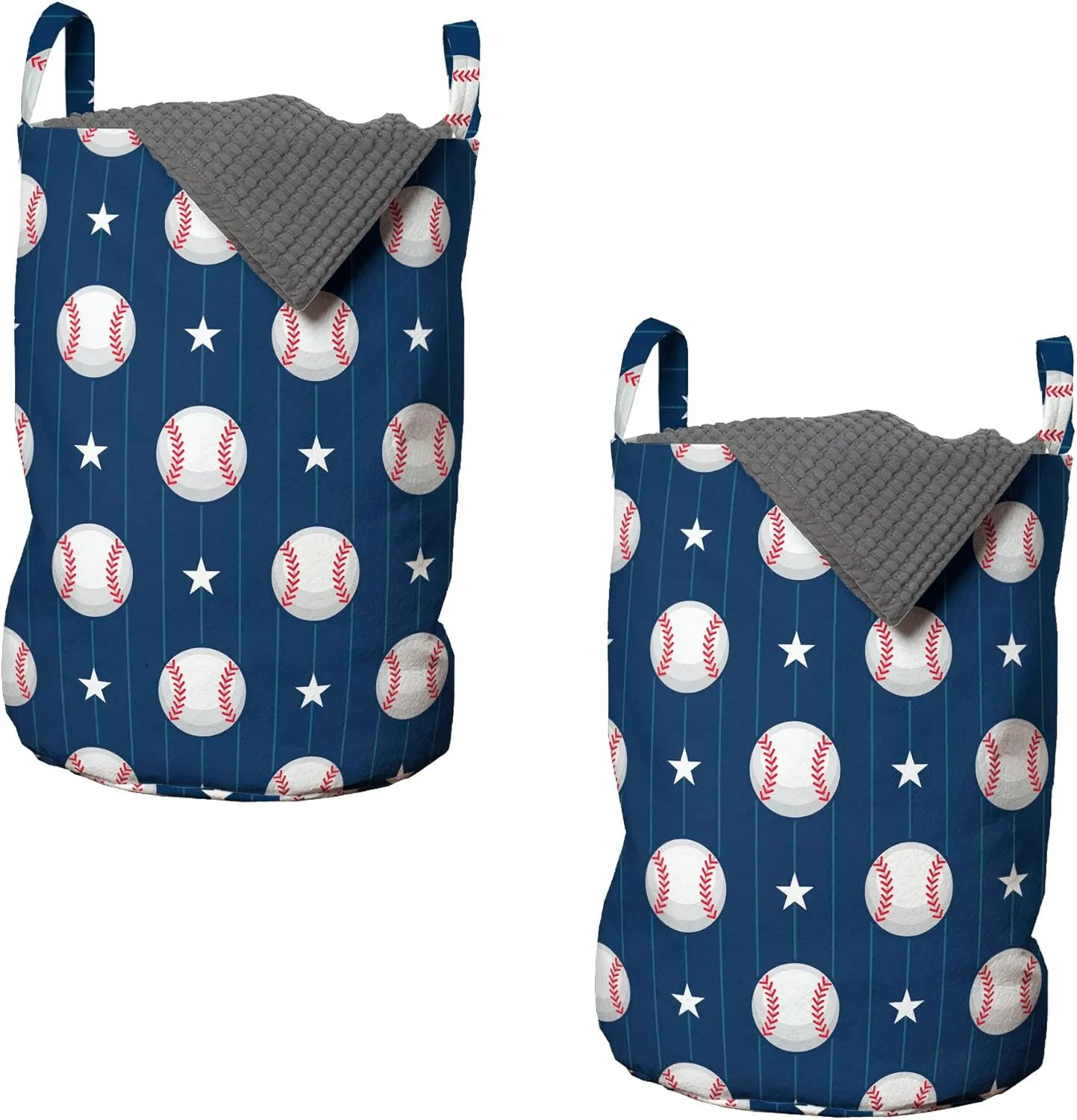 Ambesonne Sports Laundry Bag Pack of 2, Baseball Patterns on Vertical Striped Background Stars Design, Hamper Basket with Handles Drawstring Closure, 13" x 19", Blue Red