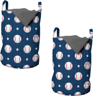 Ambesonne Sports Laundry Bag Pack of 2, Baseball Patterns on Vertical Striped Background Stars Design, Hamper Basket with Handles Drawstring Closure, 13" x 19", Blue Red