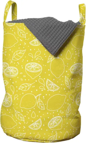 Ambesonne Yellow and White Laundry Bag, Lemons Leaves and Water Droplets Design Monochrome Fruit Illustration, Hamper Basket with Handles Drawstring Closure for Laundromats, 13" x 19", Yellow White