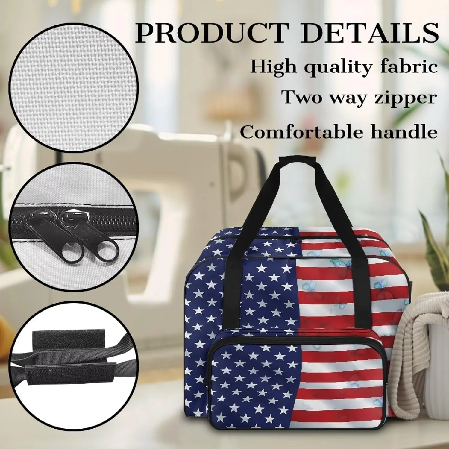 American Flag Sewing Machine Carrying Case with Handle for Sewing Accessories Carrier Bag Household Organization Bag for Home Travel（19.7 X 9.8 X 13）