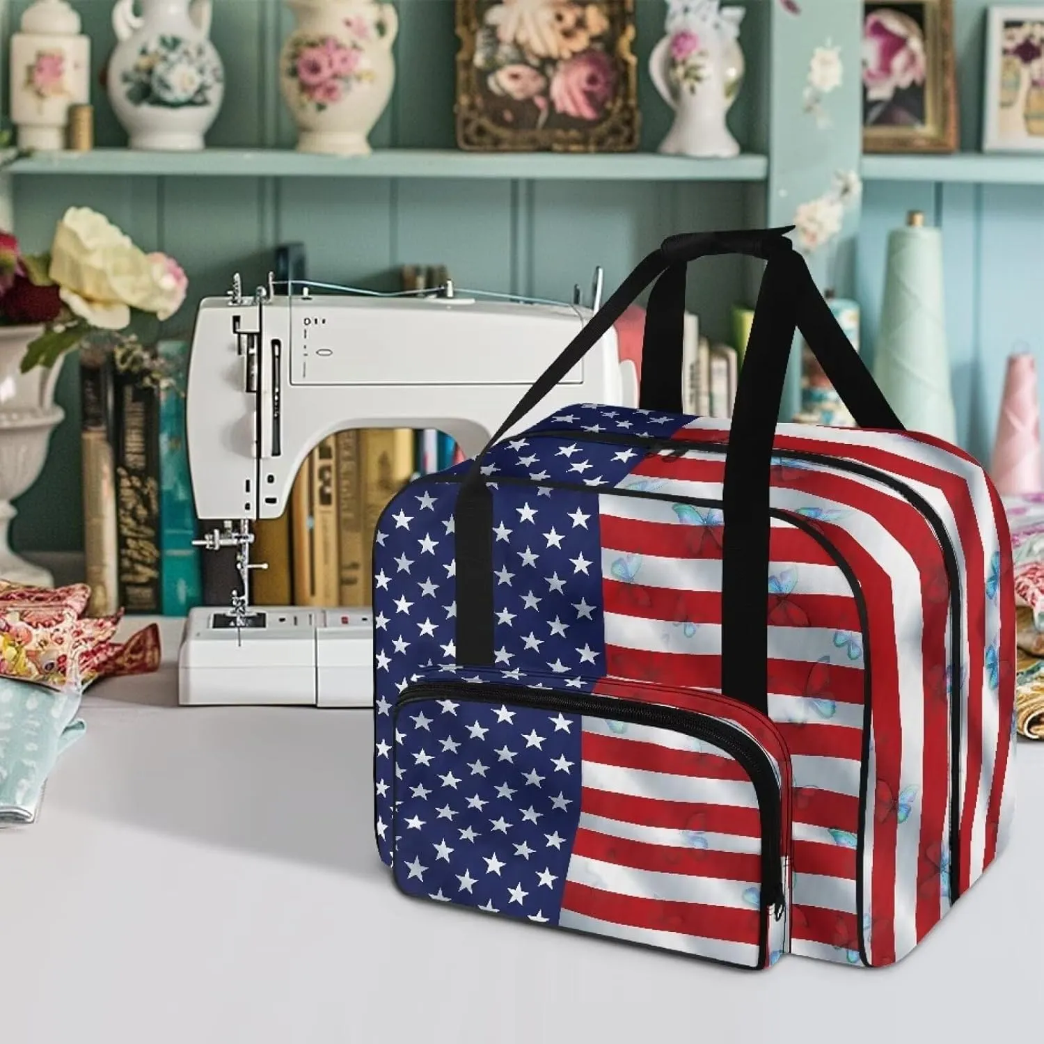 American Flag Sewing Machine Carrying Case with Handle for Sewing Accessories Carrier Bag Household Organization Bag for Home Travel（19.7 X 9.8 X 13）