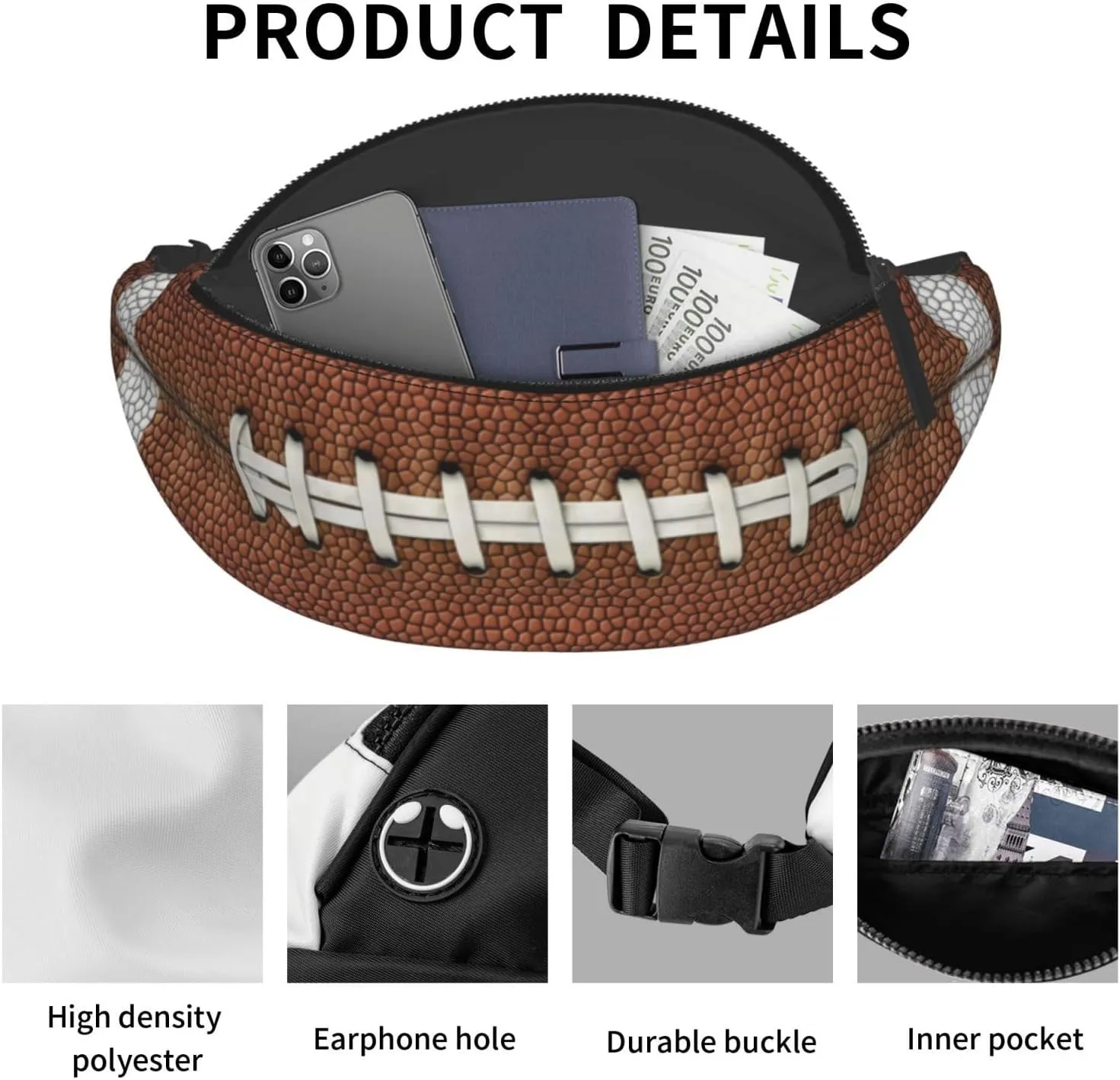 American Football Fanny Pack Waist Bag Adjustable Belt Bag For Men Women Fashion Sling Crossbody Hip Bum Bag Traveling Hiking Cycling Running