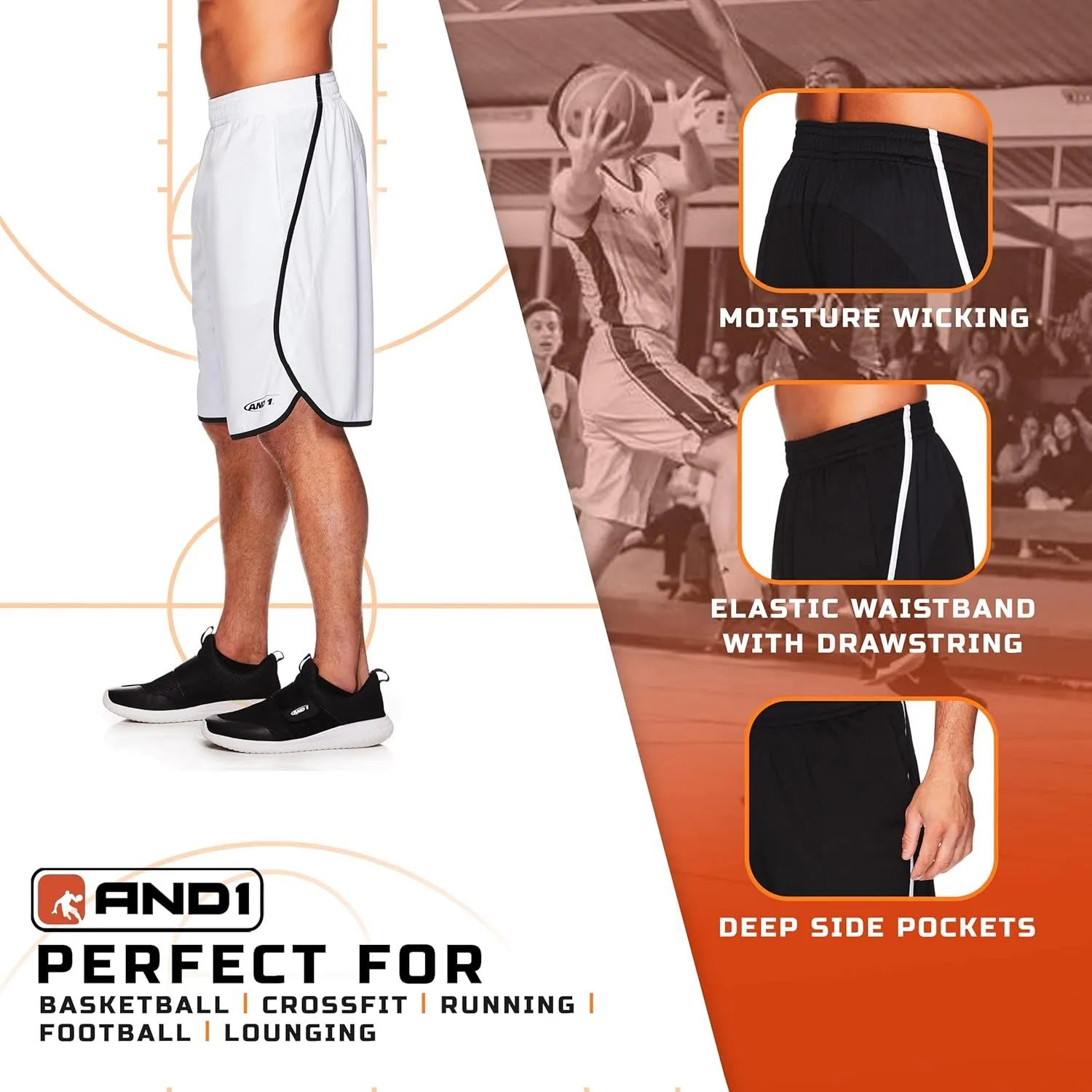 AND1 Men's Drop Needle Shorts, 2-Pack - Comfortable Athletic Performance Basketball Shorts