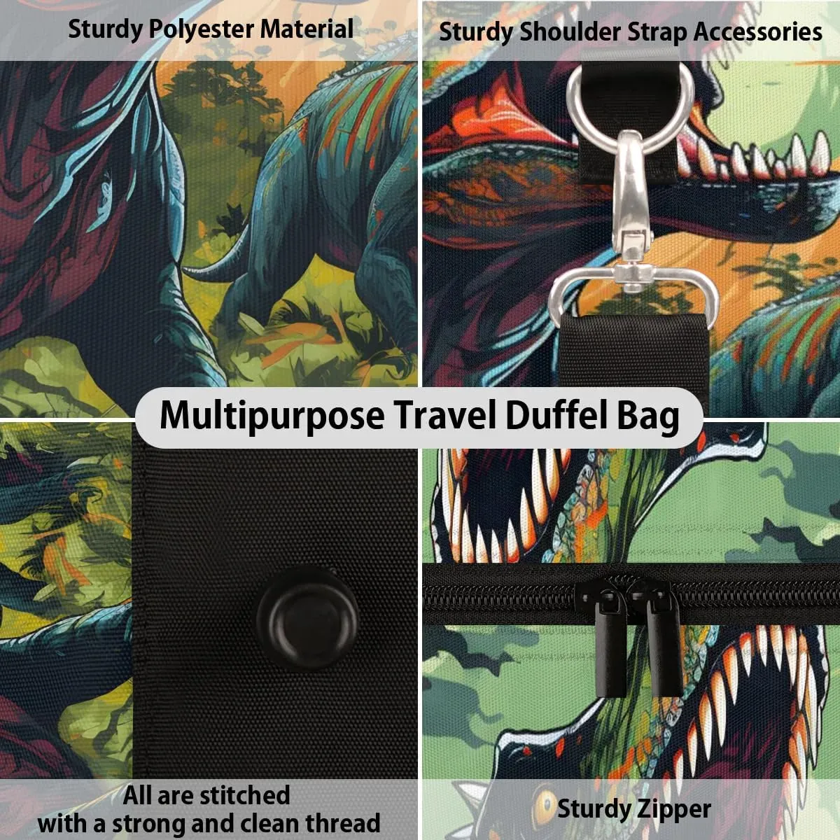 Animal Dinosaur Travel Duffel Bag for Women Men Waterproof Foldable Overnight Weekender Bag Large Capacity Sports Gym Bag
