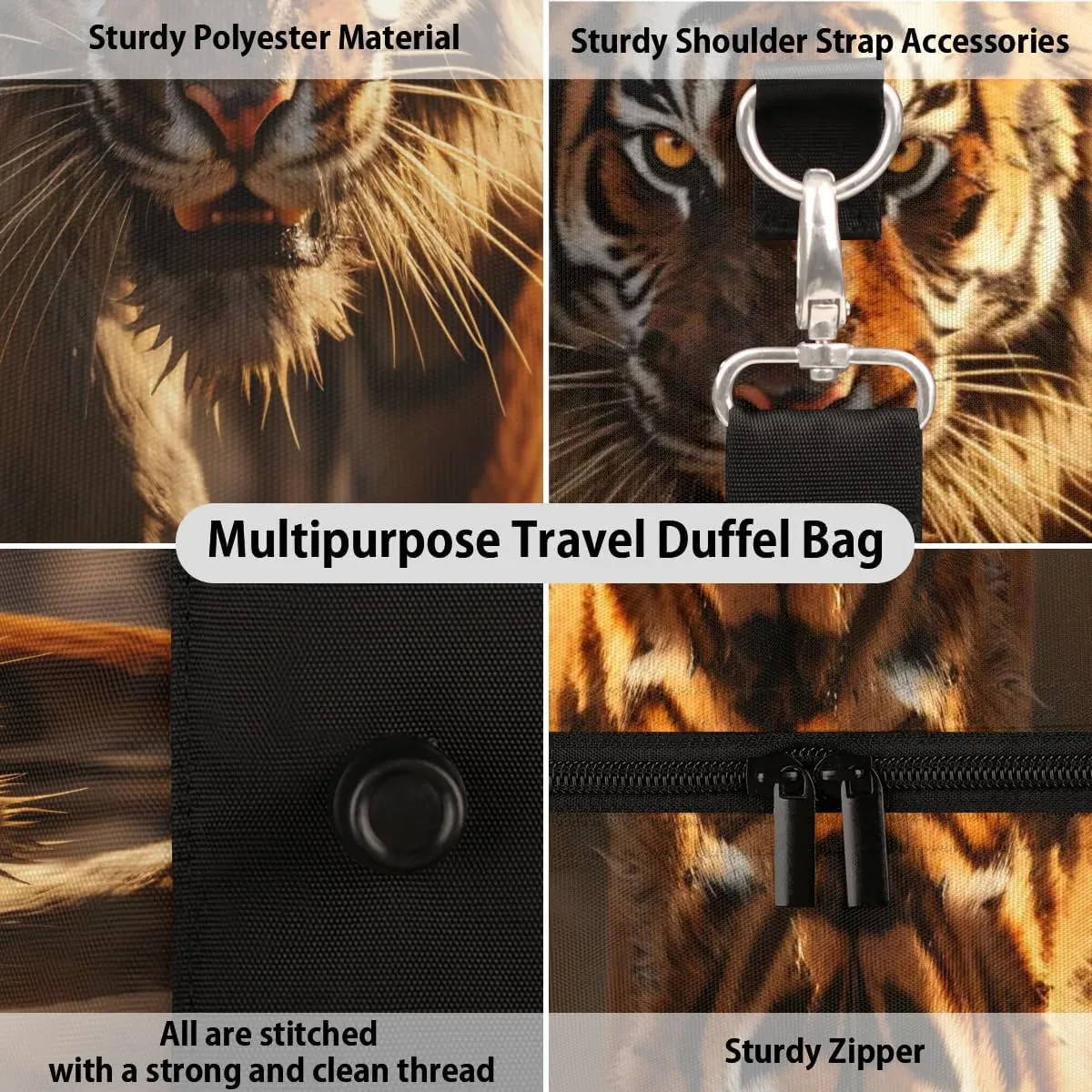 Animal Tiger Print Travel Duffel Bag for Women Men Waterproof Foldable Overnight Weekender Bag Large Capacity Sports Gym Bag
