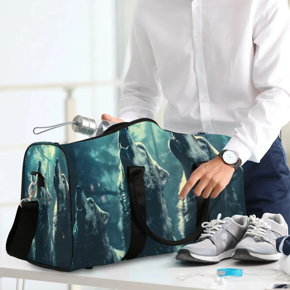 Animal Wolf Travel Duffel Bag for Women Men Waterproof Foldable Overnight Weekender Bag Large Capacity Sports Gym Bag