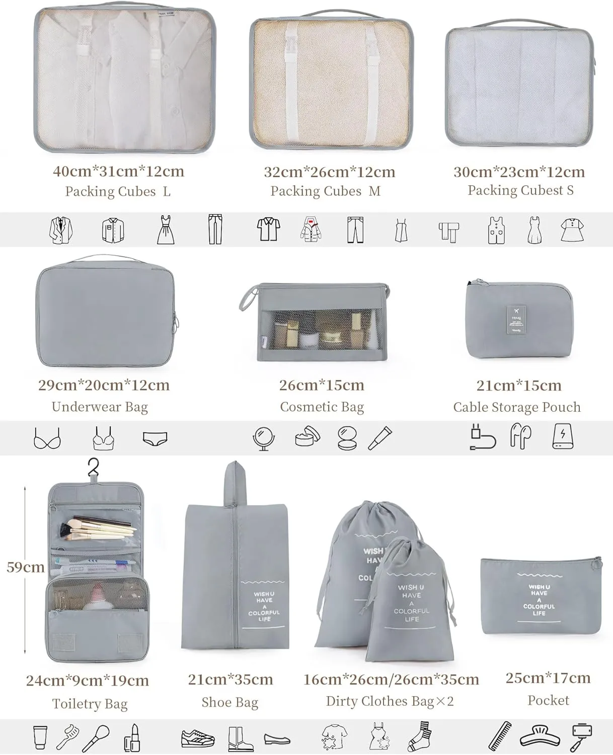 Anjing Packing Cubes 10/11 PCS Travel Luggage Organizers, Travel Essentials, Waterproof Packing Organisers, Luggage Organizer Bags