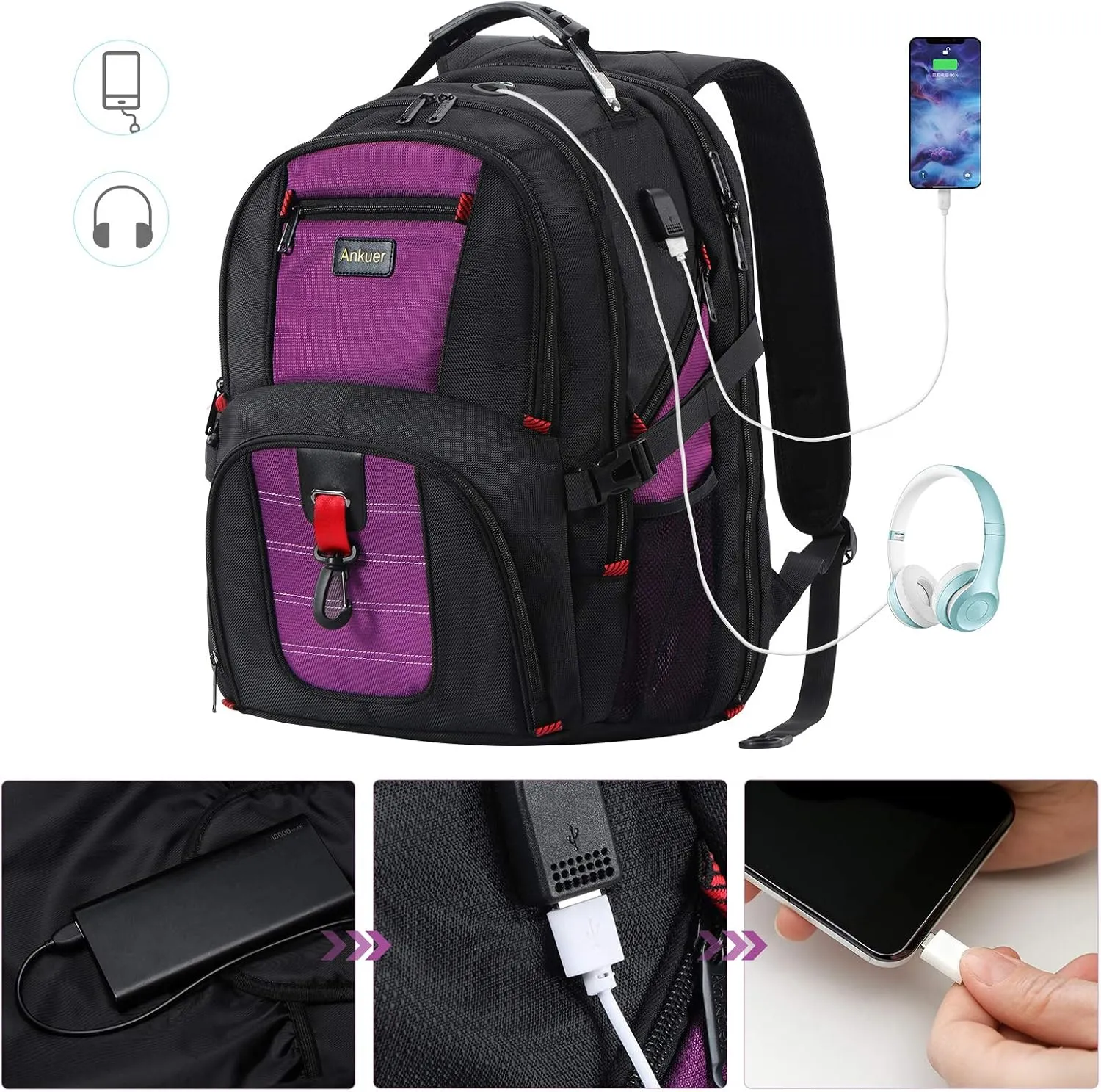 ANKUER Extra Large Travel Backpack for Men Women: 17 in Laptop Backpacks for School, Anti Theft TSA Travel Bag with USB Charging Port, Business Computer Bag (Purple)