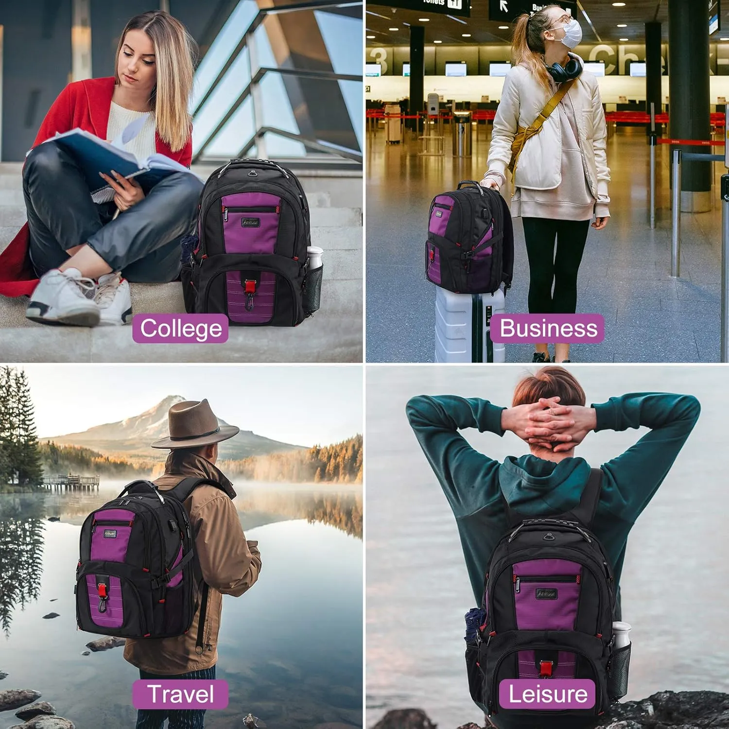 ANKUER Extra Large Travel Backpack for Men Women: 17 in Laptop Backpacks for School, Anti Theft TSA Travel Bag with USB Charging Port, Business Computer Bag (Purple)
