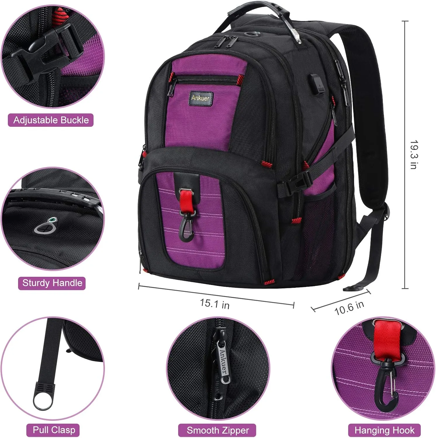 ANKUER Extra Large Travel Backpack for Men Women: 17 in Laptop Backpacks for School, Anti Theft TSA Travel Bag with USB Charging Port, Business Computer Bag (Purple)