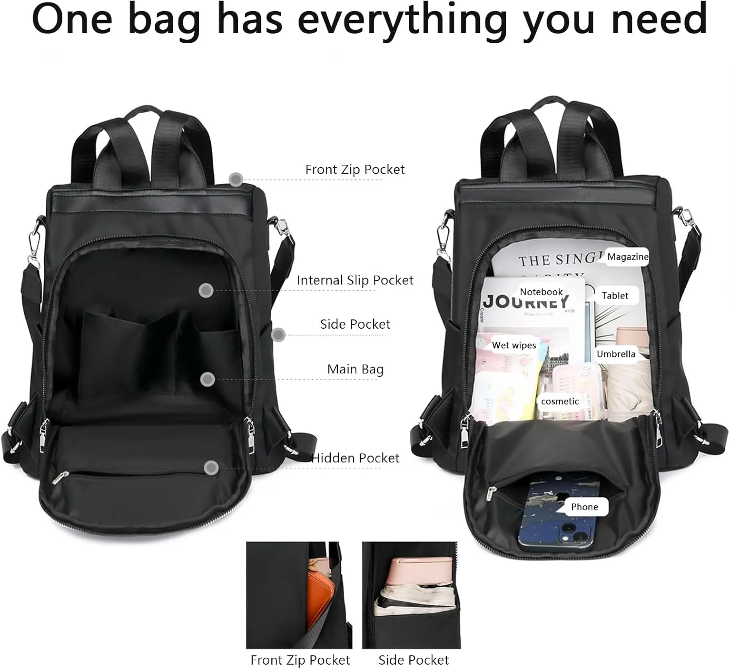 Anti-Theft Large Capacity Backpack, Shoulder Bag for Women, Crossbody Lightweight Lavazza Backpack Bishe Bag (Flash Black)