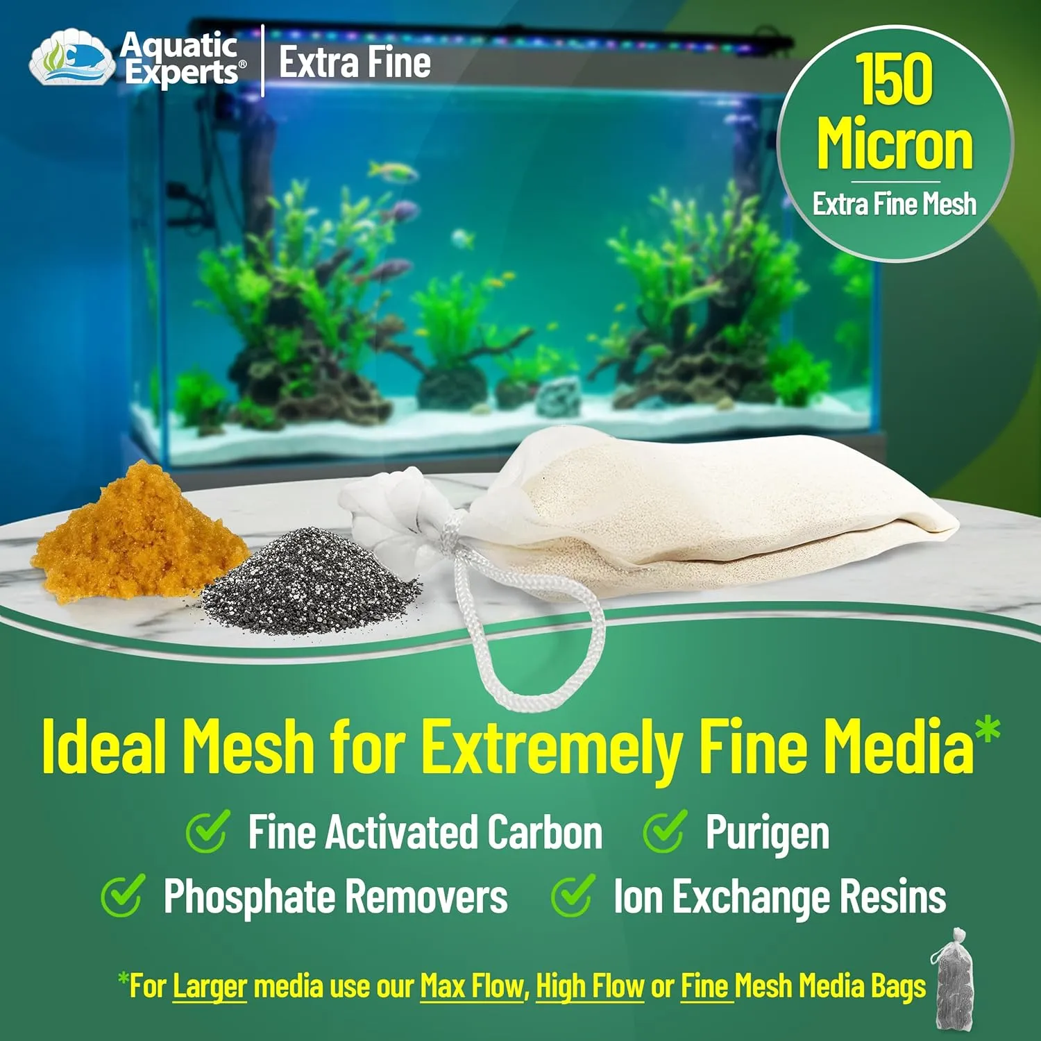 Aquatic Experts Extra Fine Aquarium Media Bag, Durable Drawstring Bags for Fish Tank Filters, 150 Micron Mesh (Extra Fine, 3"x 8" - 4 Pack)