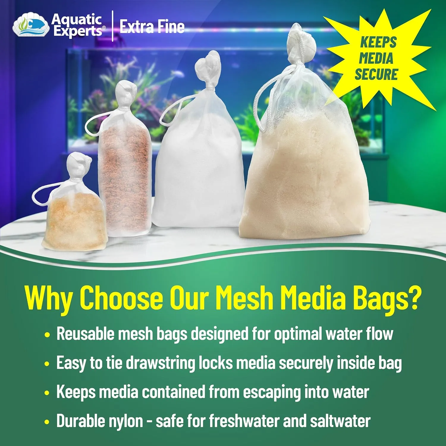 Aquatic Experts Extra Fine Aquarium Media Bag, Durable Drawstring Bags for Fish Tank Filters, 150 Micron Mesh (Extra Fine, 3"x 8" - 4 Pack)