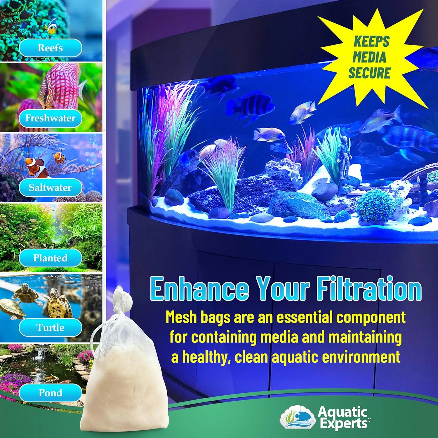 Aquatic Experts Extra Fine Aquarium Media Bag, Durable Drawstring Bags for Fish Tank Filters, 150 Micron Mesh (Extra Fine, 3"x 8" - 4 Pack)