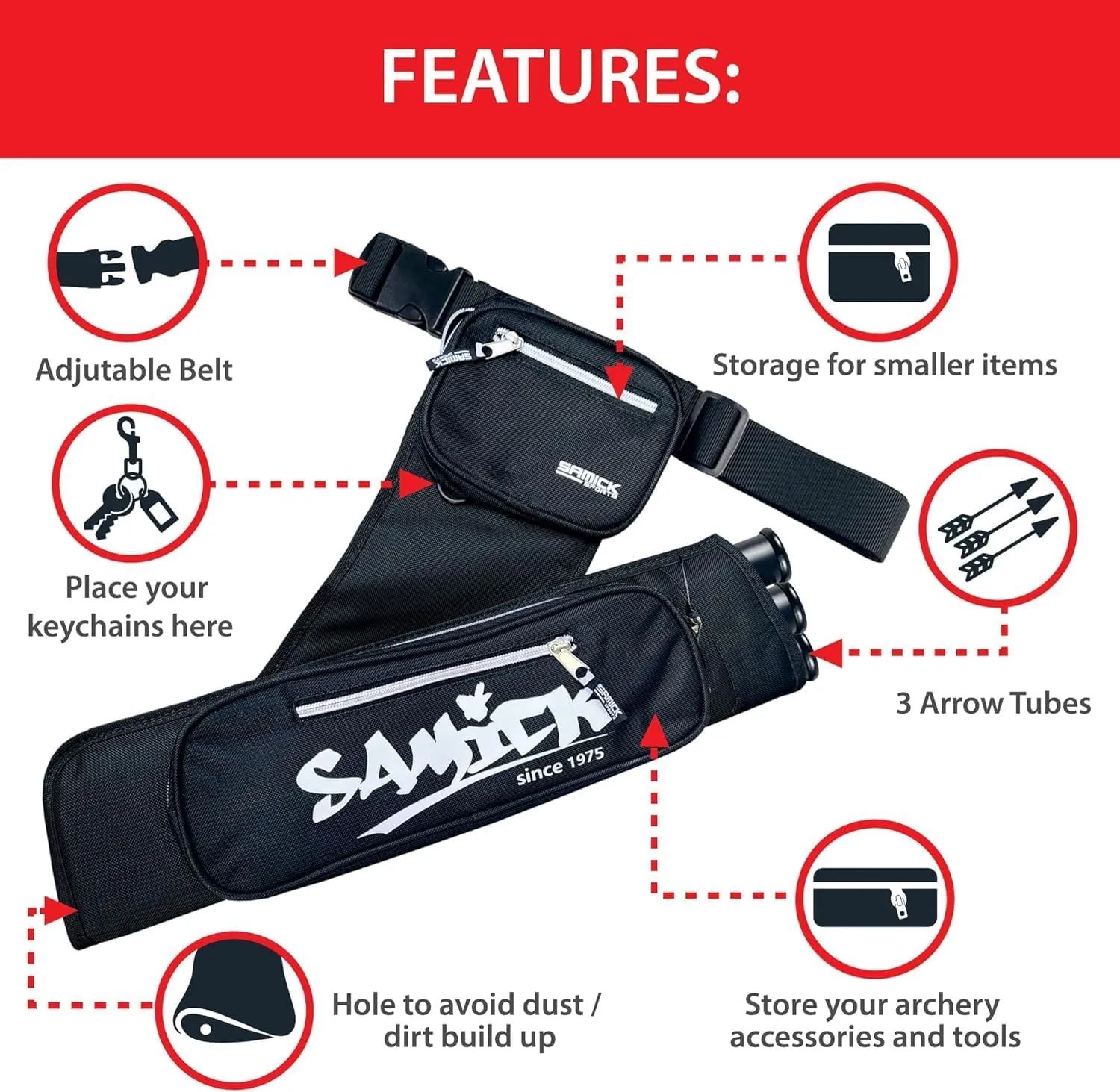 Archery Arrow Quiver - Adjustable Waist Hanged Quiver with 3 Removable Tubes & Pockets for Archery Arrows Case & Equipment - Ideal for Hunting & Target Practice - Right Handed Only