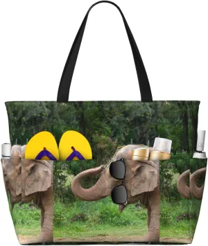 Asia Elephant Large Beach Tote Bag for Women Extra Large Capacity Waterproof Sandproof Pool Bag Suitable for Gym Swimming Pool Travel Groceries