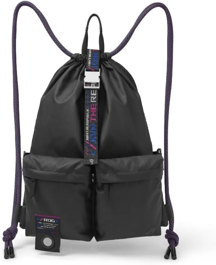 ASUS ROG Slash BD3700 Multi-use Drawstring Bag with Zinc Alloy Buckle, ROG Slash Pattern Strap, Water-Resistant Inner Zip Pocket, Versatile Carrying Options, Suitable for up to 15.6-inch Laptop