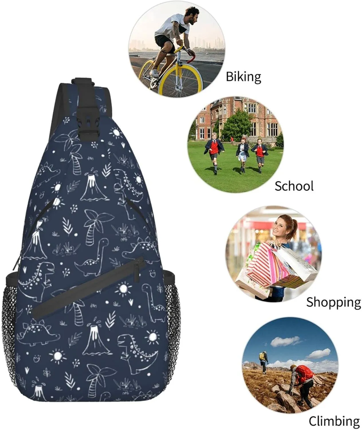 ASYG Cute Dinosaur Sling Bag Dino Crossbody Chest Daypack Casual Backpack Women Shoulder Bag For Travel Picnic