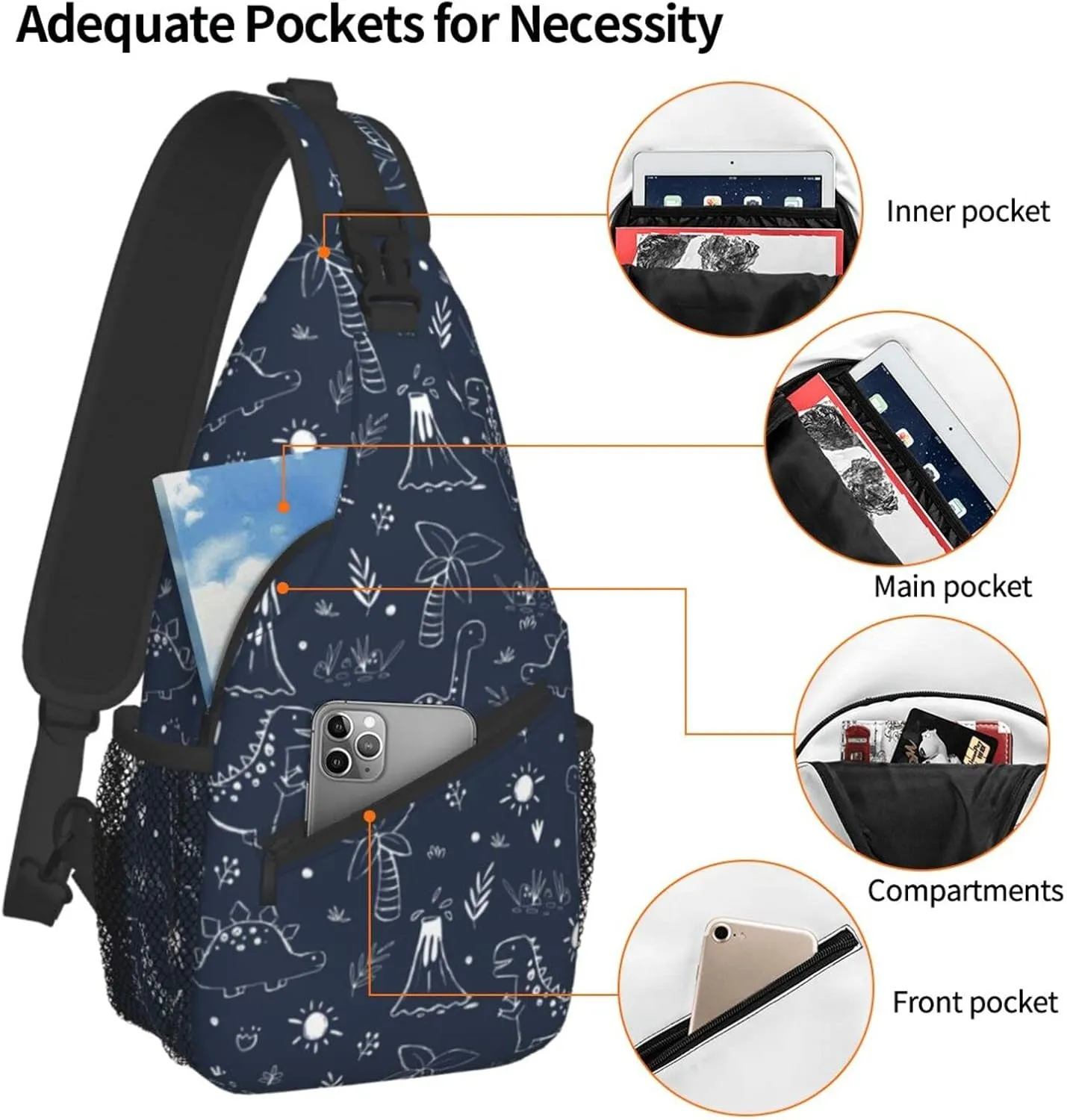 ASYG Cute Dinosaur Sling Bag Dino Crossbody Chest Daypack Casual Backpack Women Shoulder Bag For Travel Picnic