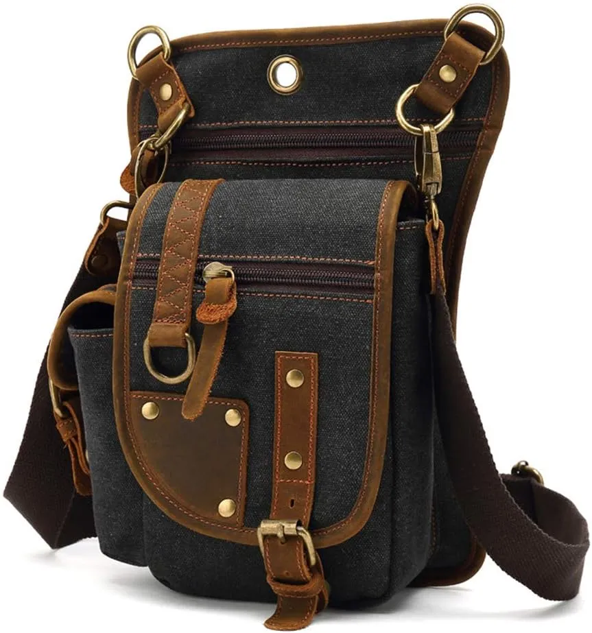 AUGU Canvas Drop Leg Bag Tactical Thigh Outdoor Waist Pack for Men Women Military Cycling Multi-Pocket Waist Fanny Pouch Daypack, Black, Medium
