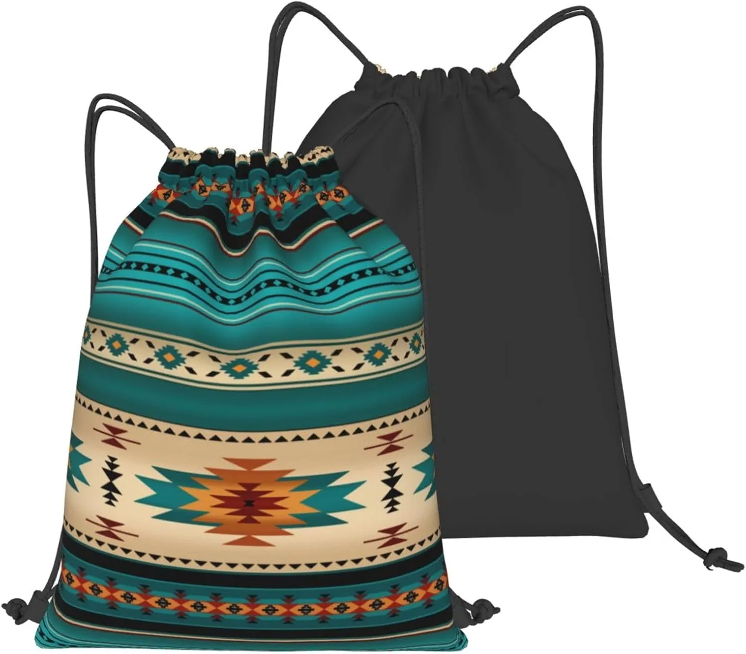 Aztec Ethnic Pattern Design Drawstring Backpack Bag Indiana Western Southwest Native American Turquoise Stripe Sport Gym Sack String Bags Yoga Shopping Travel Casual Daypacks for Women Men