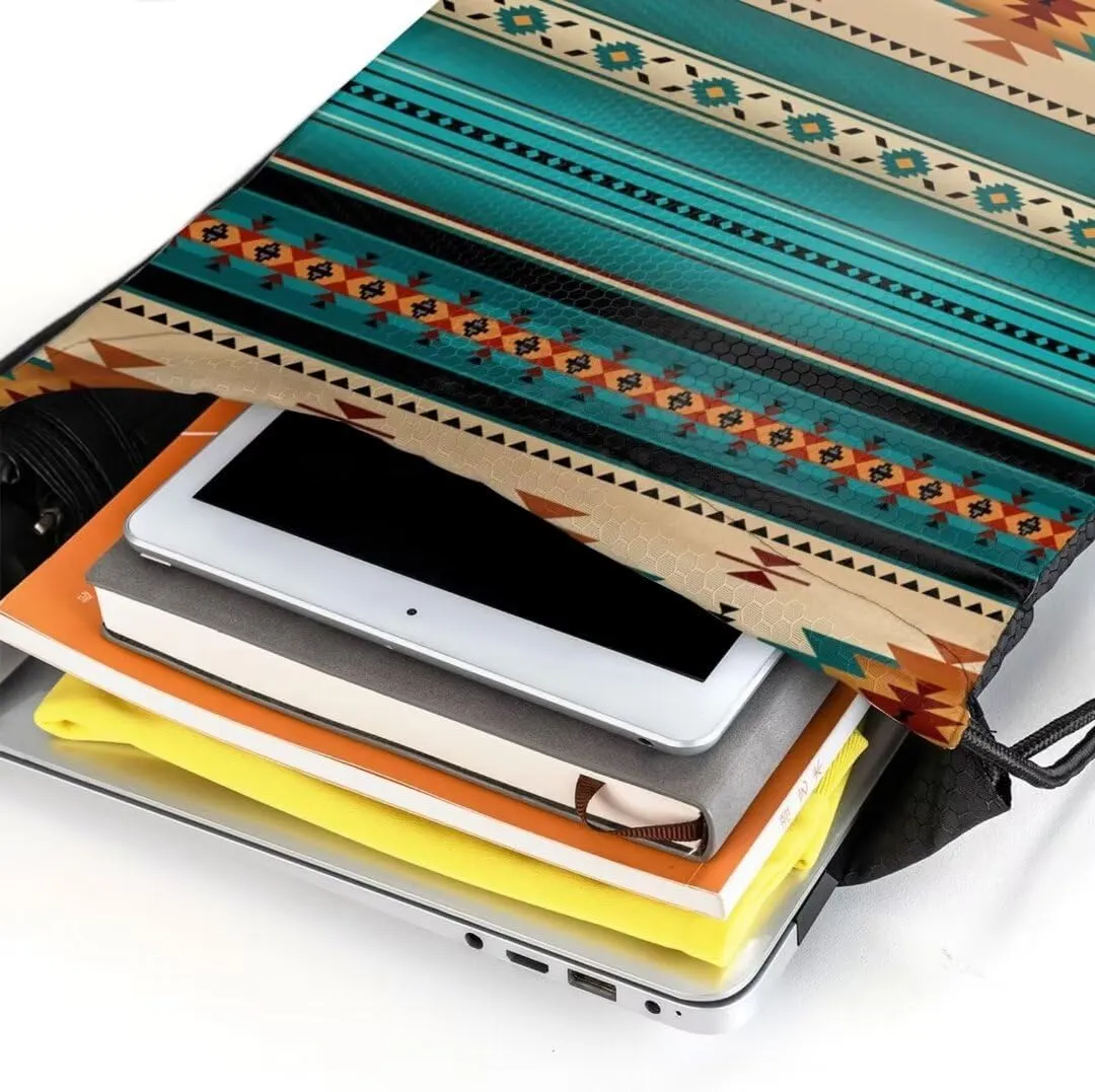 Aztec Ethnic Pattern Design Drawstring Backpack Bag Indiana Western Southwest Native American Turquoise Stripe Sport Gym Sack String Bags Yoga Shopping Travel Casual Daypacks for Women Men
