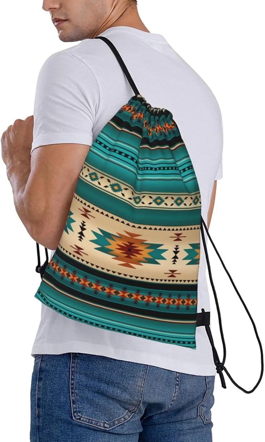 Aztec Ethnic Pattern Design Drawstring Backpack Bag Indiana Western Southwest Native American Turquoise Stripe Sport Gym Sack String Bags Yoga Shopping Travel Casual Daypacks for Women Men