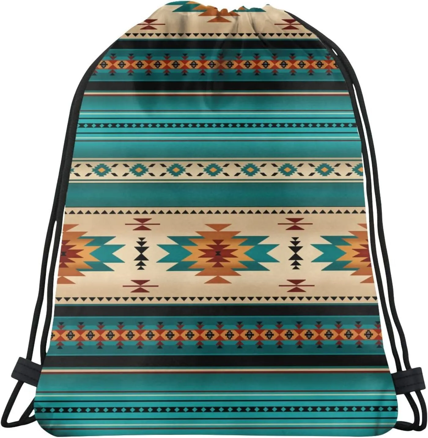 Aztec Ethnic Pattern Design Drawstring Backpack Bag Indiana Western Southwest Native American Turquoise Stripe Sport Gym Sack String Bags Yoga Shopping Travel Casual Daypacks for Women Men