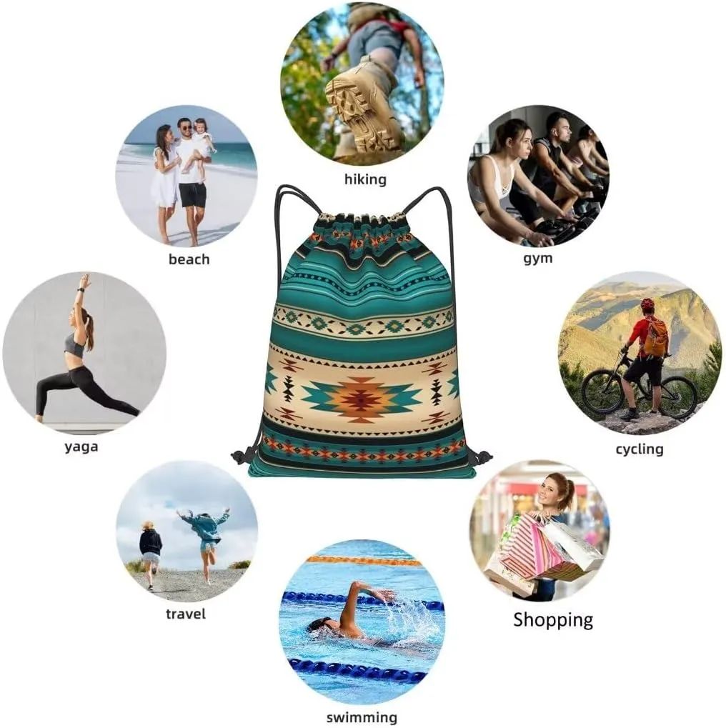 Aztec Ethnic Pattern Design Drawstring Backpack Bag Indiana Western Southwest Native American Turquoise Stripe Sport Gym Sack String Bags Yoga Shopping Travel Casual Daypacks for Women Men