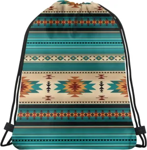 Aztec Ethnic Pattern Design Drawstring Backpack Bag Indiana Western Southwest Native American Turquoise Stripe Sport Gym Sack String Bags Yoga Shopping Travel Casual Daypacks for Women Men