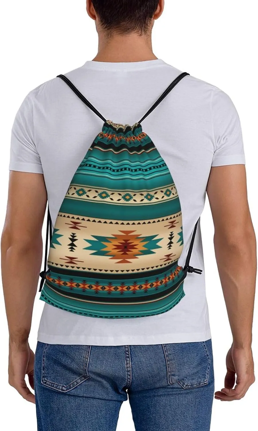Aztec Ethnic Pattern Design Drawstring Backpack Bag Indiana Western Southwest Native American Turquoise Stripe Sport Gym Sack String Bags Yoga Shopping Travel Casual Daypacks for Women Men