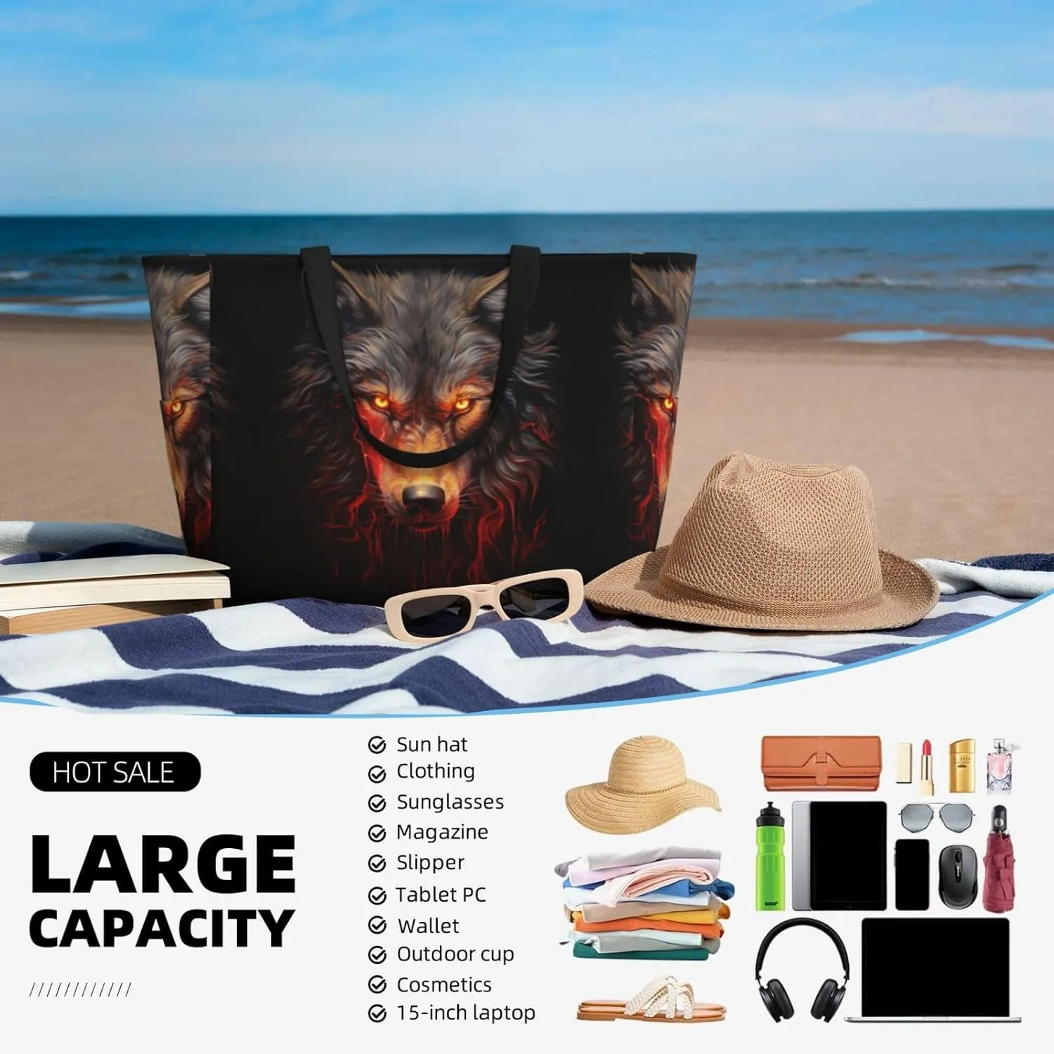 Bad Boy Red Wolf Spacious Large Capacity Beach Travel Bag - Foldable Beach Bag Tote Bag With Zipper