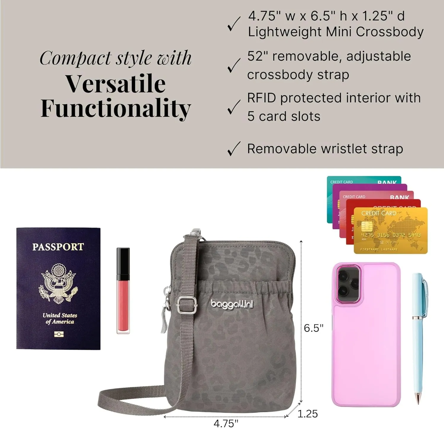 Baggallini Bryant Pouch Small Crossbody Bag for Women - Phone Purse with Crossbody Strap - Lightweight Crossbody Pouch