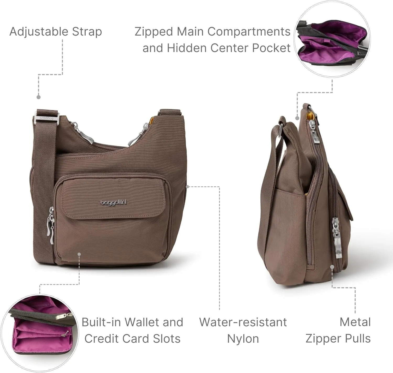 Baggallini Criss Cross 10x11 Crossbody Women Lightweight Water-Resistant Nylon Travel Bag W/RFID & Quick Access Pockets