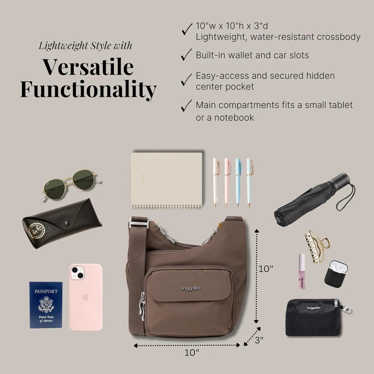Baggallini Criss Cross 10x11 Crossbody Women Lightweight Water-Resistant Nylon Travel Bag W/RFID & Quick Access Pockets
