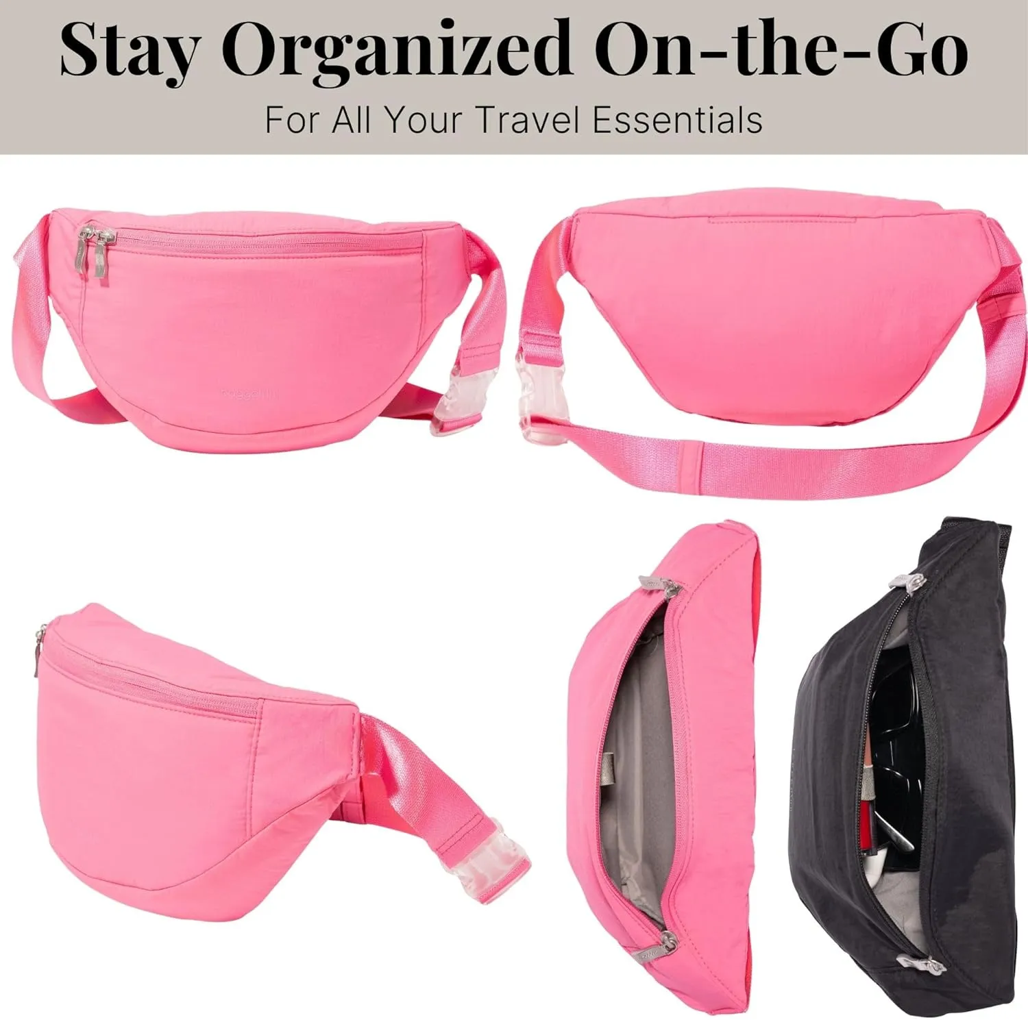 Baggallini Style Swift Belt Bag Sling Bag - Lightweight 12"x7" Crossbody Bag Fanny Pack Belt w/RFID and Adjustable Strap