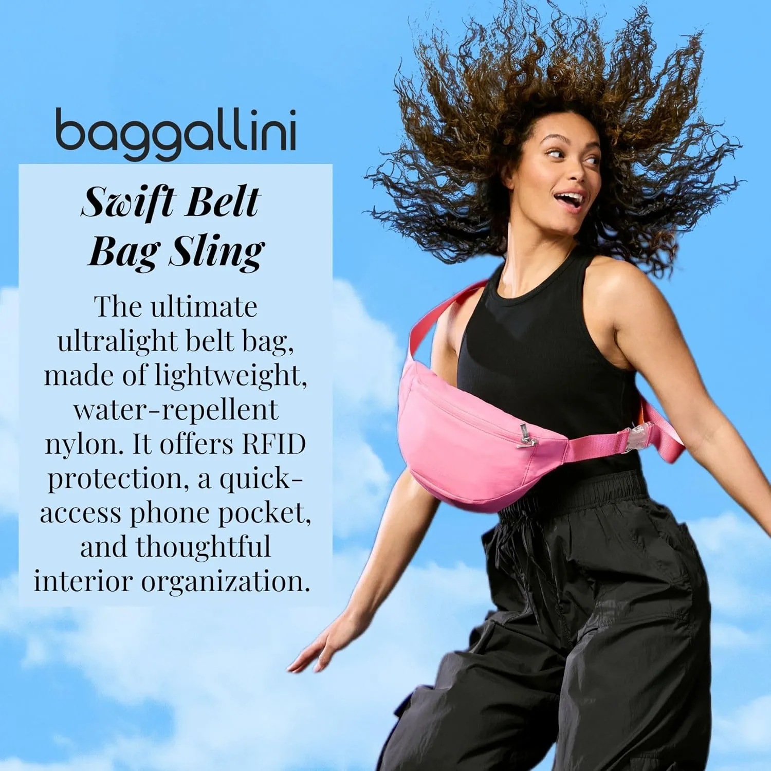 Baggallini Style Swift Belt Bag Sling Bag - Lightweight 12"x7" Crossbody Bag Fanny Pack Belt w/RFID and Adjustable Strap