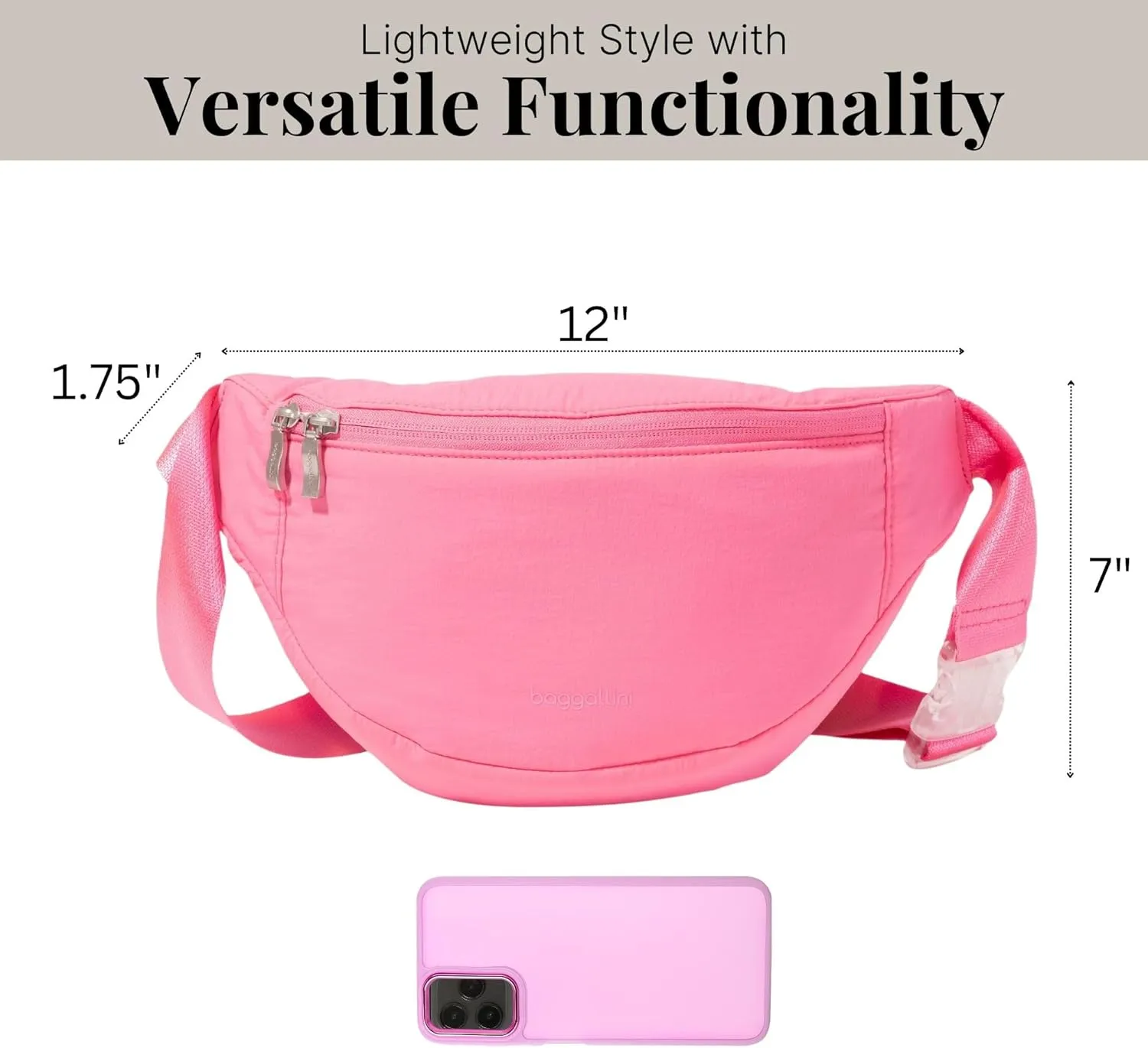 Baggallini Style Swift Belt Bag Sling Bag - Lightweight 12"x7" Crossbody Bag Fanny Pack Belt w/RFID and Adjustable Strap