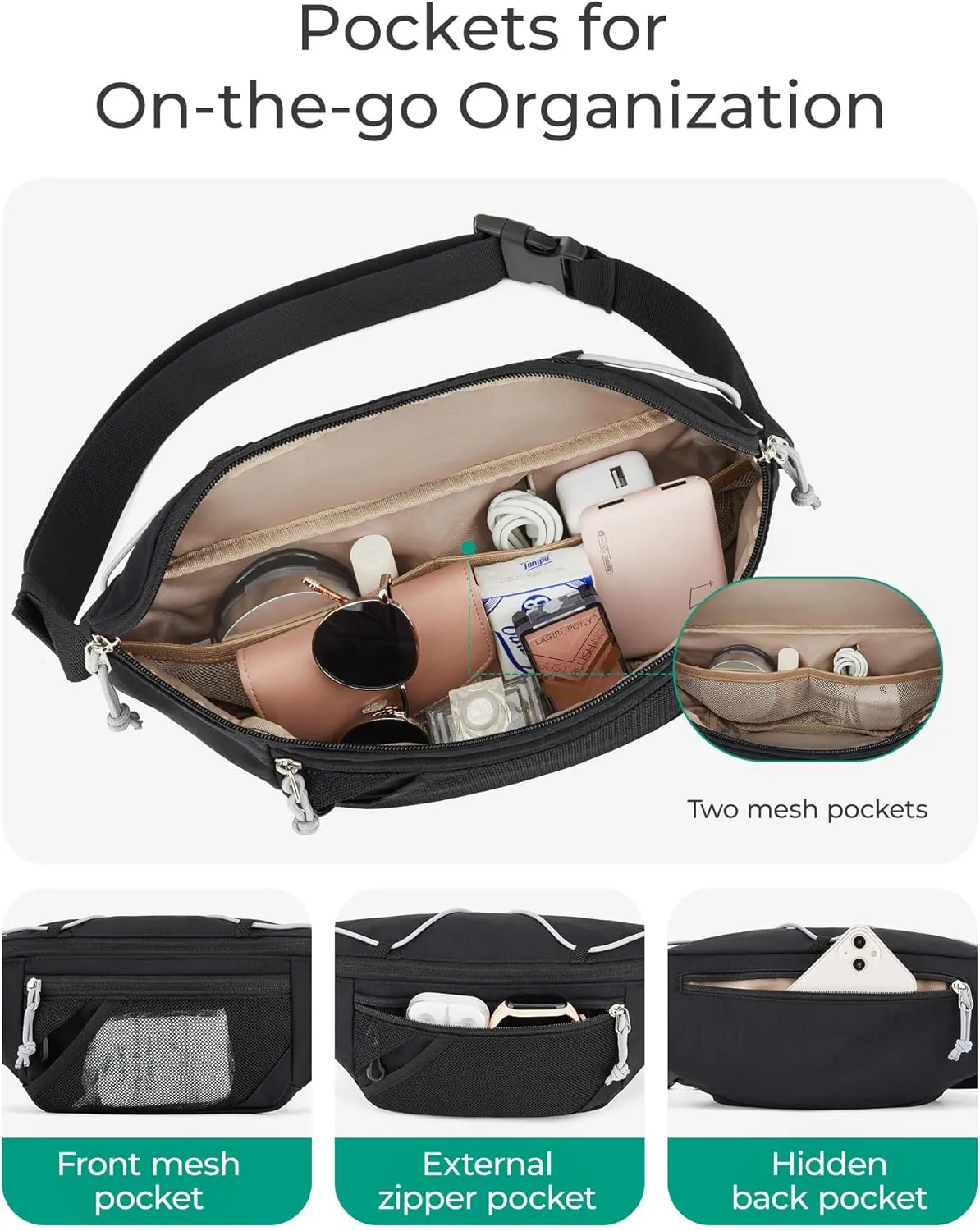 BAGSMART Fanny Packs for Women Belt Bag with Adjustable Strap Crossbody Waist Pack for Running Hiking Workout Travel, Beige
