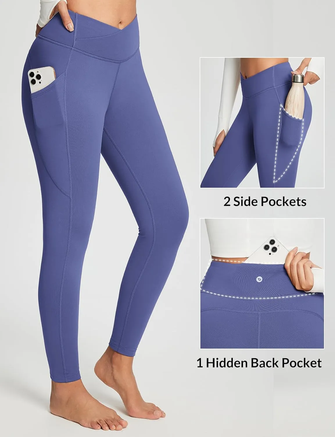 baleaf Women's Crossover Fleece Lined Leggings with Pockets Thermal Warm Winter Tights Crossover High Waisted Yoga Pants